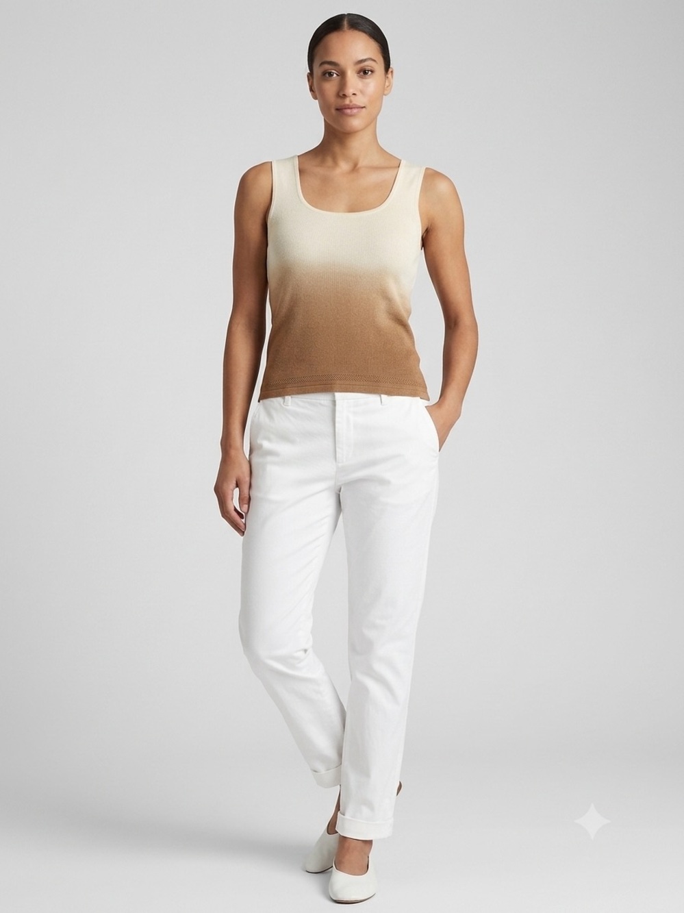 Lauren Ralph Lauren 100% Silk Ombré Cream and Brown Sleeveless Tank Top Medium